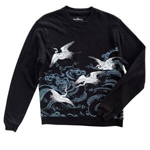 Blind Rooster Men's Small Black Cranes & Waves Graphic Print Crewneck Sweatshirt